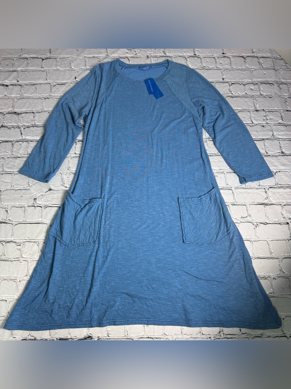 cut loose NWT Blue Fine-Striped Jersey Cotton 3/4 Sleeve T-Shirt Dress Size L